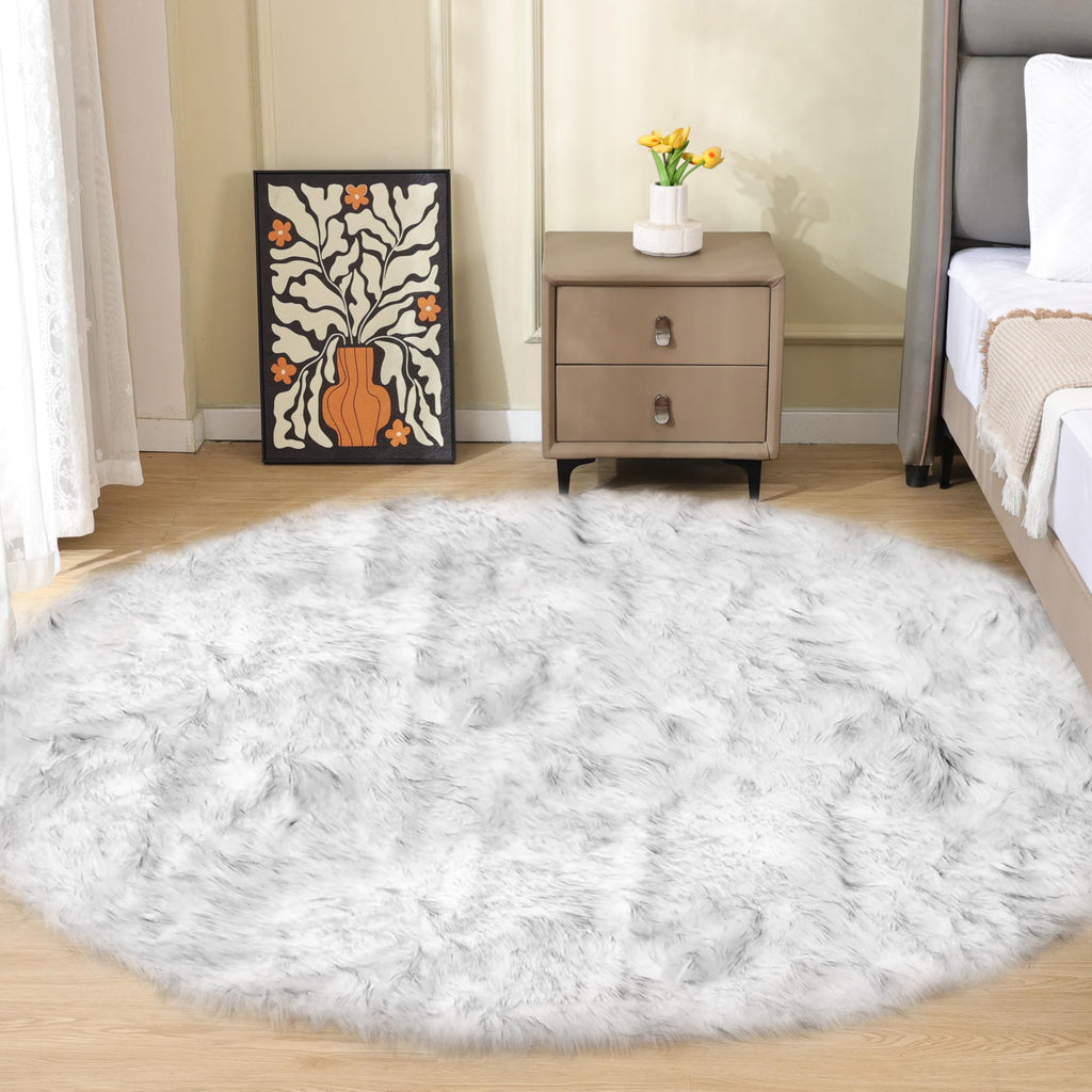 ORINOVA White and Grey Round Rugs 6ft Circle Furry Rug for Living Room Washable Shag Faux Sheepskin Fluffy Fur Rugs for Bedroom Nursery Rug