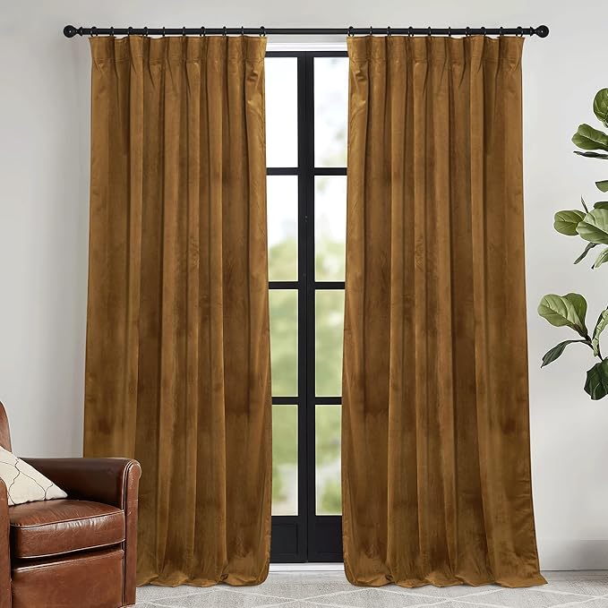 RYB HOME Gold Brown Velvet Curtains 72 inches with Hook Belt, Back Tab