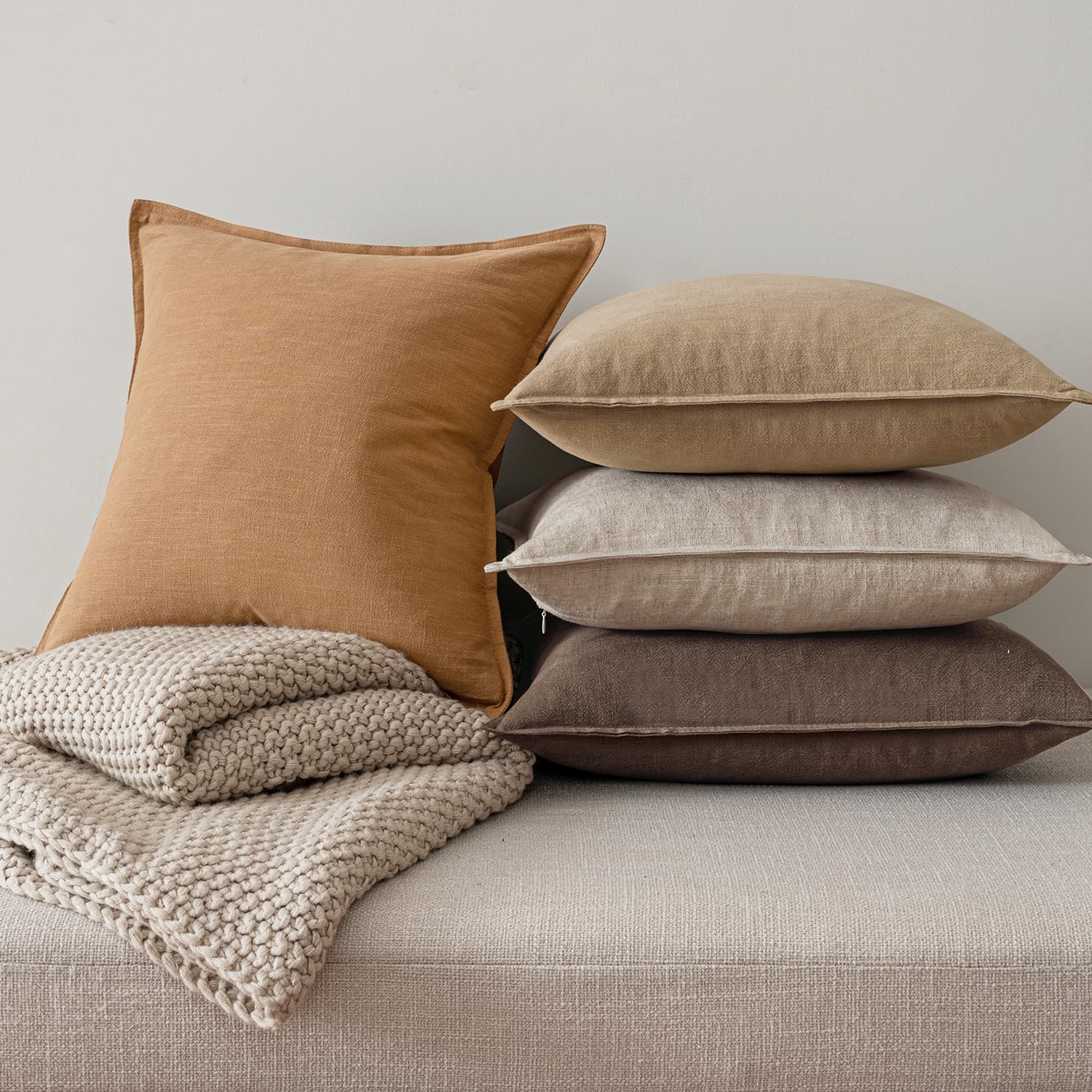 MIULEE Neutral Brown Boho Linen Pillow Covers 24x24 Inch Pack of 4