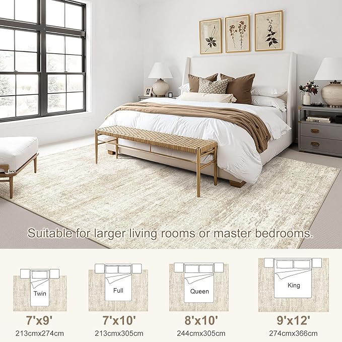 9x12 Area Rug Living Room Rugs - Washable Neutral Modern Abstract Soft Thin Rug Indoor Floor No Slip Rug Carpet for Bedroom Under Dining Table Home Office Decor - Beige/Brown