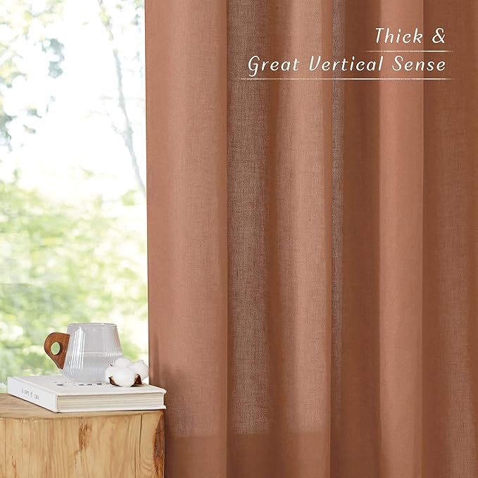 NICETOWN Caramel Linen Curtains for Kitchen, Thick Flax Small Window Treatments Semi Sheer Privacy Assured with Light Through for Cafe/Bathroom, W55 x L132, 2 Panels