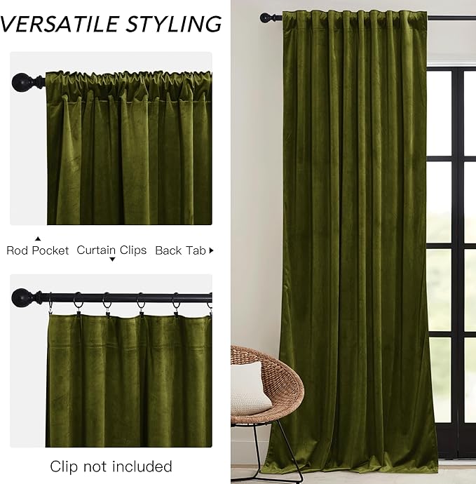 RYB HOME Moss Green Velvet Curtains 63 inches with Hook Belt, Soft Fabric Room Darkening Thermal Insulated Luxurious Home Decor Curtains for Living Room Bedroom, W 42" x L 63", 2 Panels Set