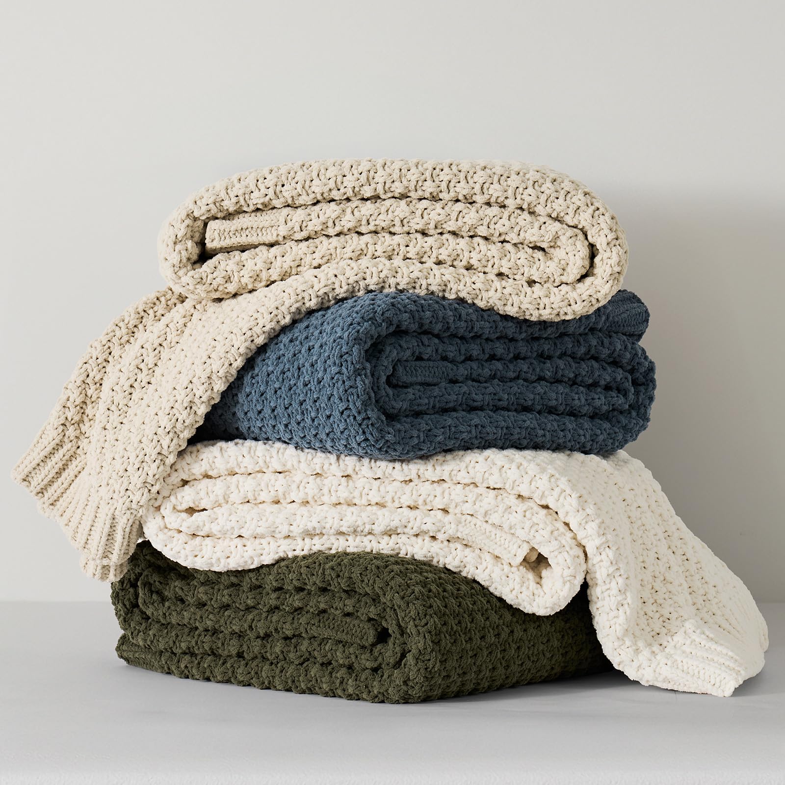 EVERGRACEHOME Chunky Chenille Knit Throw Blanket, 50 x 60, Beige