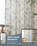 jinchan Linen Curtains Floral Curtains 63 Inch Length for Living Room Bedroom Light Filtering Rod Pocket Back Tab Jacobean Curtains Flax Linen Texture Window Drapes Set 2 Panels Blue on Linen
