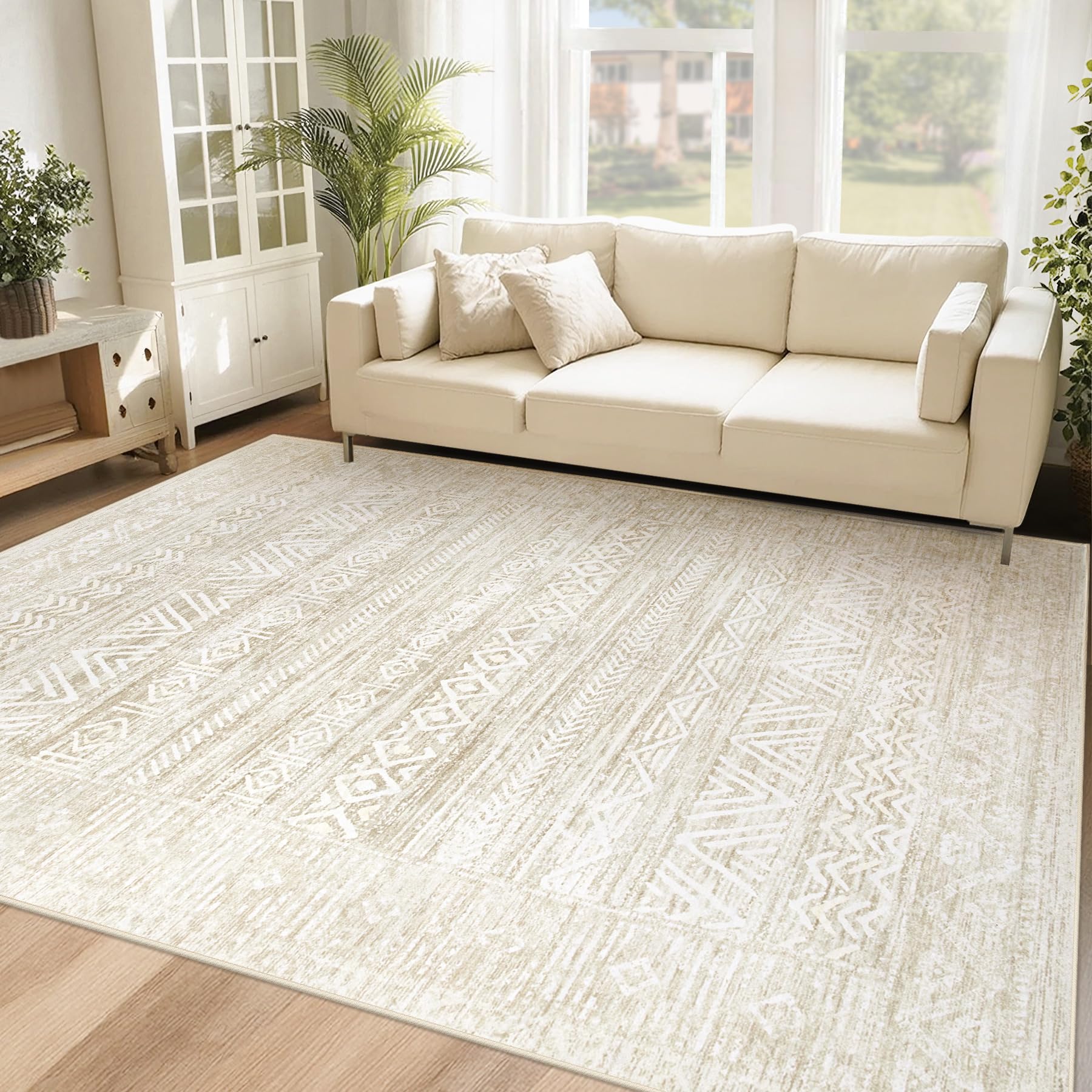 Washable Area Rug 5x7: Moroccan Rug for Living Room Geometric Boho Rug Farmhouse Non Slip Stain Resistant Rugs Low Pile Soft Carpet for Bedroom Dining Room Home Office Kids Room (Ivory Beige,5'x7')