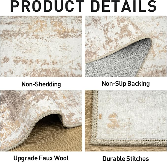 9x12 Area Rugs for Living Room: Washable Abstract Beige Grey Badroom Carpet