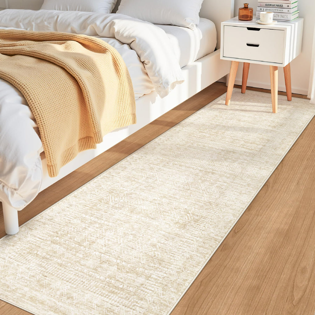 2x8 Washable Runner Rug: Moroccan Geometric Boho Rug Farmhouse Non Slip Stain Resistant Rugs Low Pile Soft Carpet for Porch Kitchen Laundry Room Living Room Bedroom (Beige,2'x8')