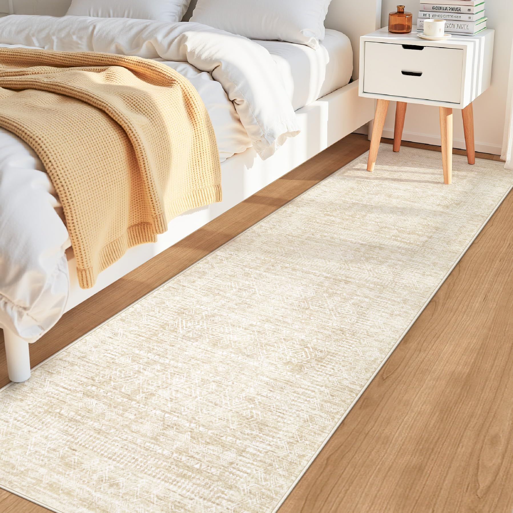 2x8 Washable Runner Rug: Moroccan Geometric Boho Rug Farmhouse Non Slip Stain Resistant Rugs Low Pile Soft Carpet for Porch Kitchen Laundry Room Living Room Bedroom (Beige,2'x8')
