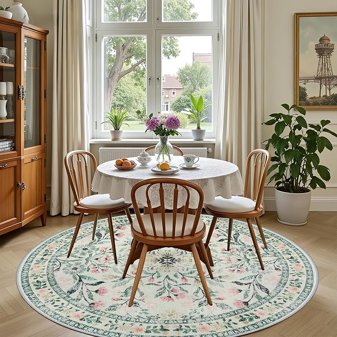 PLHXFR Round Area Rug Living Room: 6 ft Floral Washable Carpet Green Beige