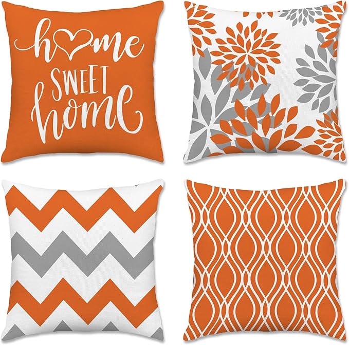 Hexagram Geometric Orange Pillow Covers 20x20 Set of 4, Decorative Outdoor Boho Modern Throw Pillow Covers, Home Sweet Home Farmhouse Cushion Case for Couch Sofa Bedroom Indoor Decor(No Insert)