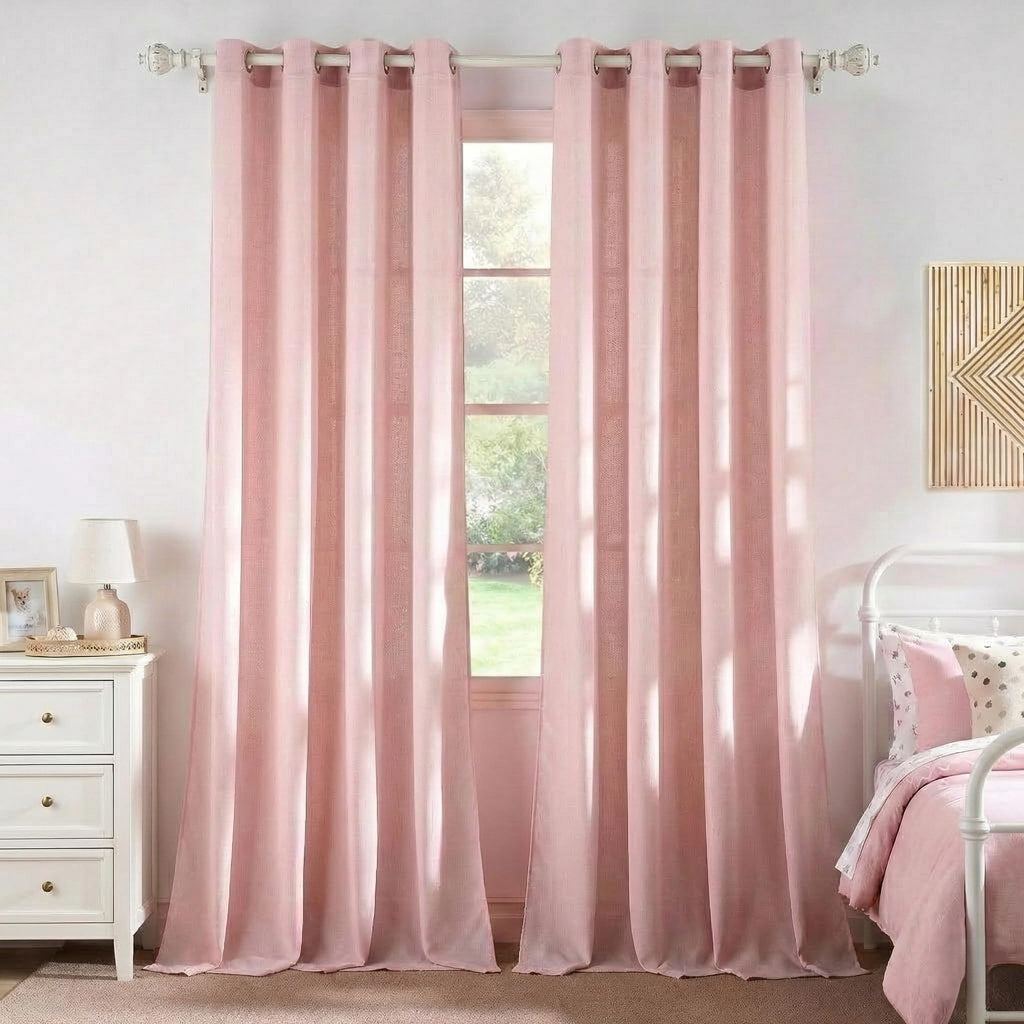 NICETOWN Linen Light Pink Sheer Curtains for Girls Room, Thick Flax Small Window Treatments Semi Sheer Privacy Assured with Light Through for Bedroom/Living Room, W55 x L84, 2 Panels