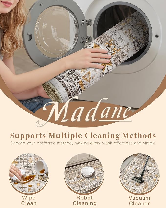 Madane Hallway Runner 3x8, Kitchen Rugs Washable Entry Rug, Brown/Gold