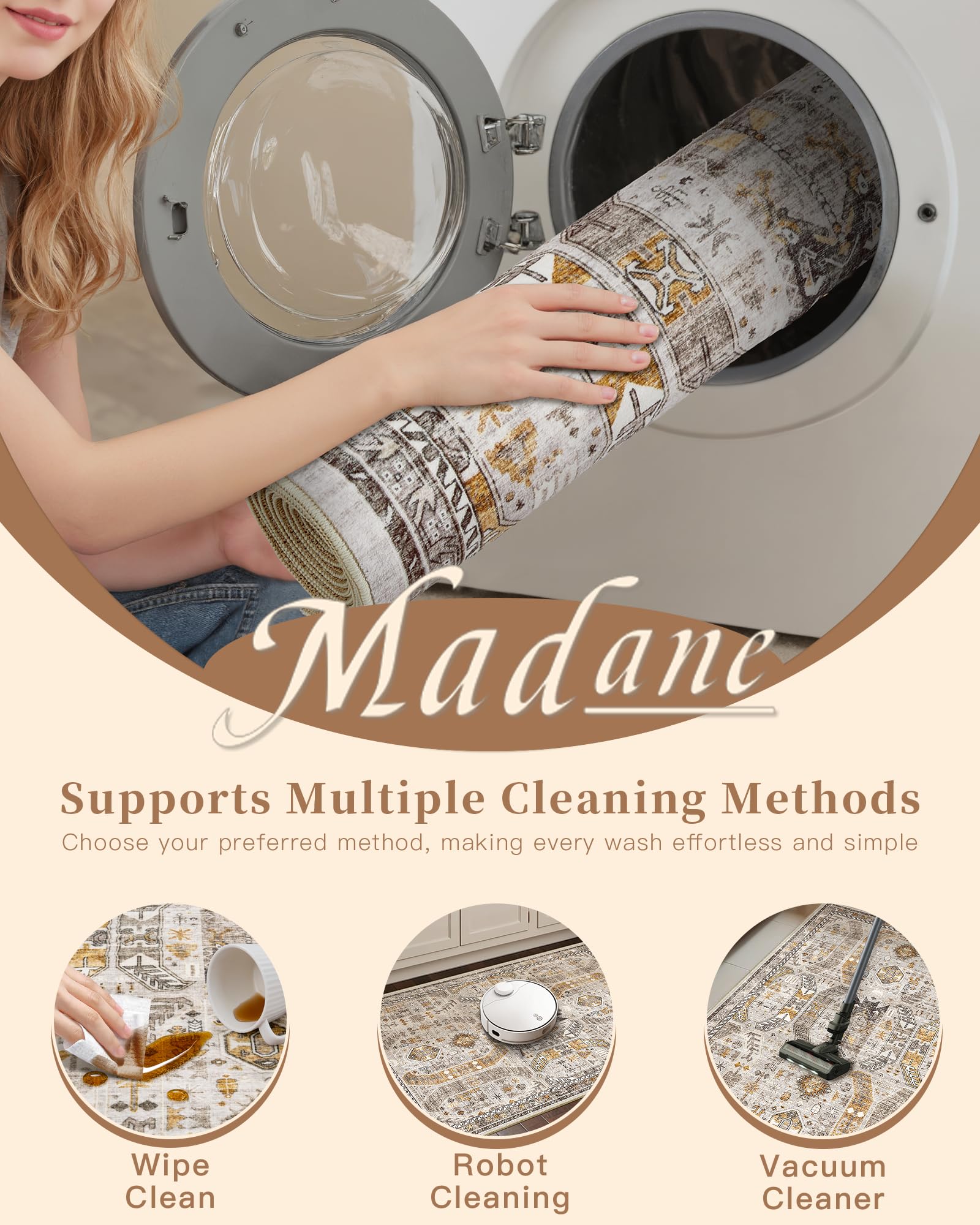 Madane Washable Runner Rug 3x6 Runners for Hallways Non Slip, Brown/Gold