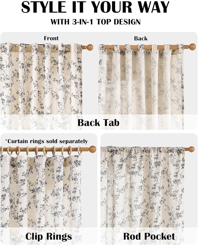 Lazzzy Black Floral Linen Curtains 96 Inch Farmhouse Back Tab Drapes for Living Room Bedroom Light Filtering Vintage Grandmillennial Rod Pocket Curtains, 2 Panels, W38 x L96, Black on Beige