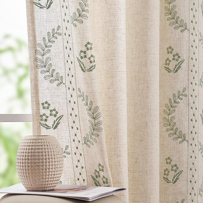 jinchan Belrose 4 Panel Curtains Set 90 Inch Length Floral Curtains Linen Blend Sage Green Embroidered Drapes Farmhouse Flower Patterned Drapes for Living Room Bedroom Window Treatments Set of 4