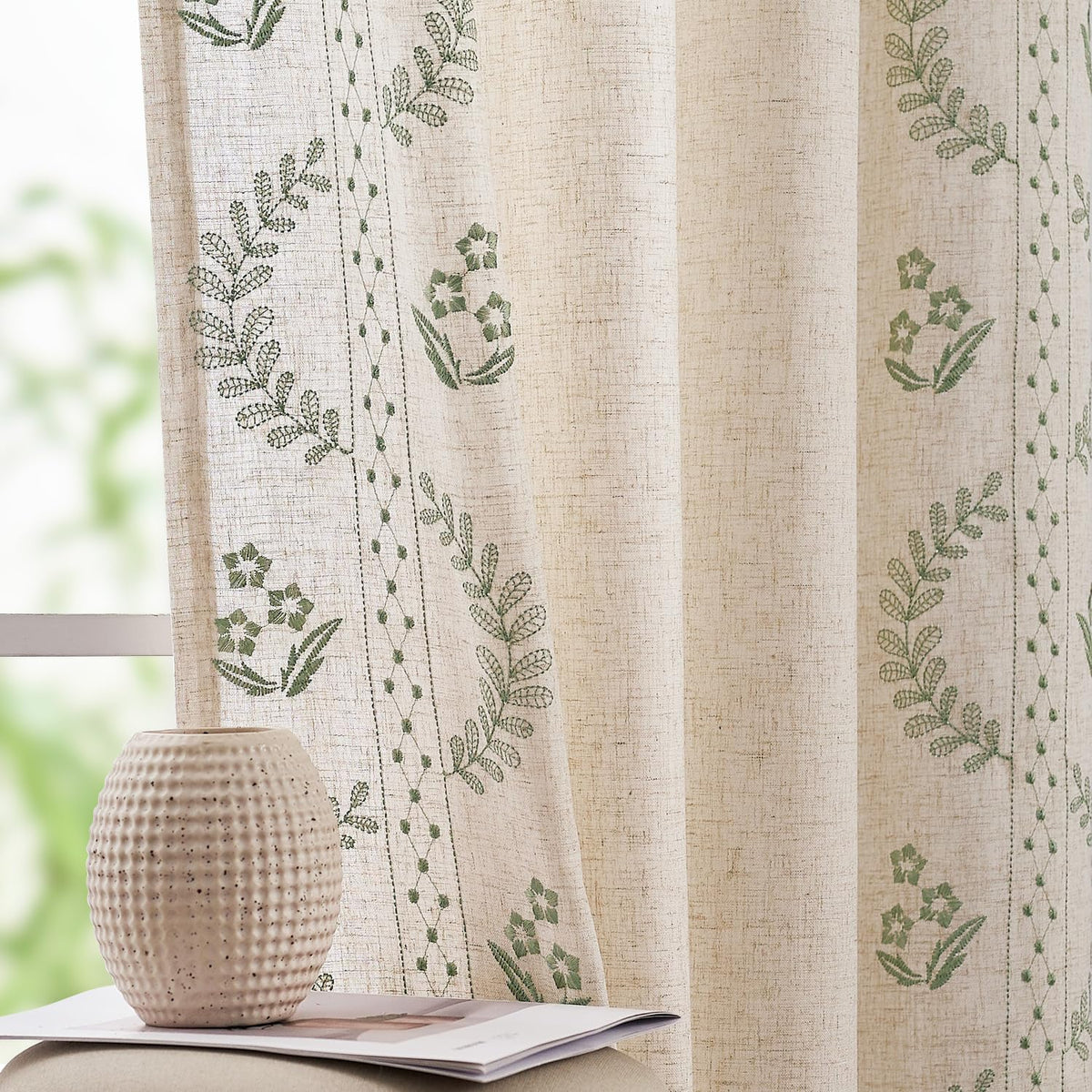 jinchan Floral Linen Curtains 84 Inch Farmhouse Back Tab 2 Panels