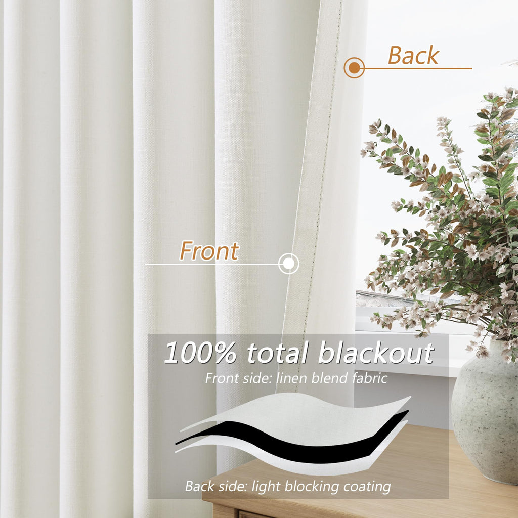 Guken 100% Blackout Linen Curtains 98 Inch Long by 52 Inch Wide 2 Panels Set for Living Room Bedroom Back Tab Thermal Insulated Black Out Linen Drapes Room Darkening Window Curtains, Ivory