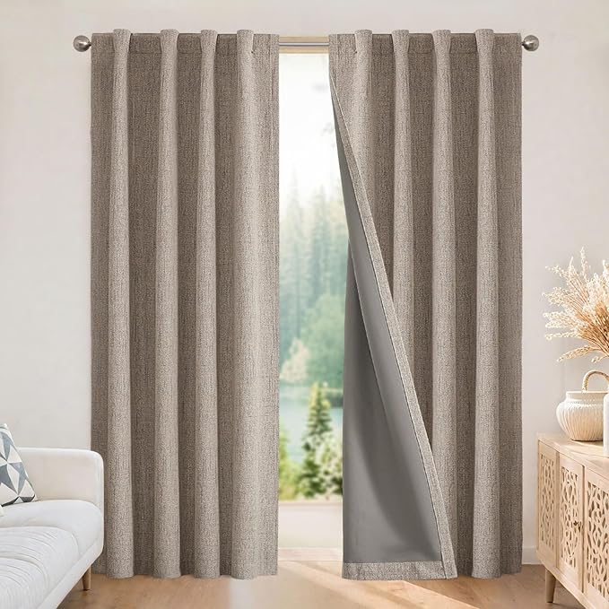 Joydeco Linen Blackout Curtains for Bedroom - 100% Light Blocking 1 Panels, Linen Drapes 70" W x 108" L, Thermal Insulated Room Darkening Curtains for Living Room, Rod Pocket & Back Tabs