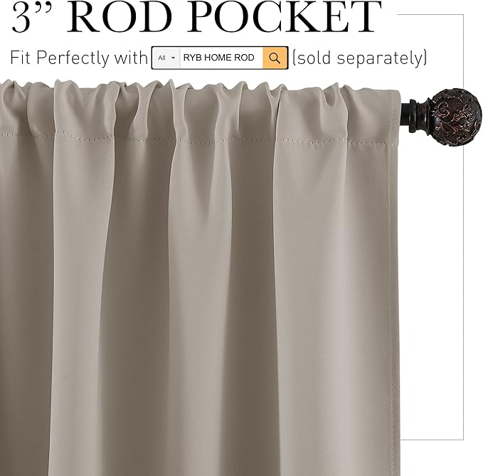 RYB HOME Short Sand Blackout Curtains for Small Bedroom Window, Insulating UV Blocking Drapes for Kitchen Cafe Basement Garage, Privacy Tiers for Bathroom Window, Width 42 by Length 36, Set of 2