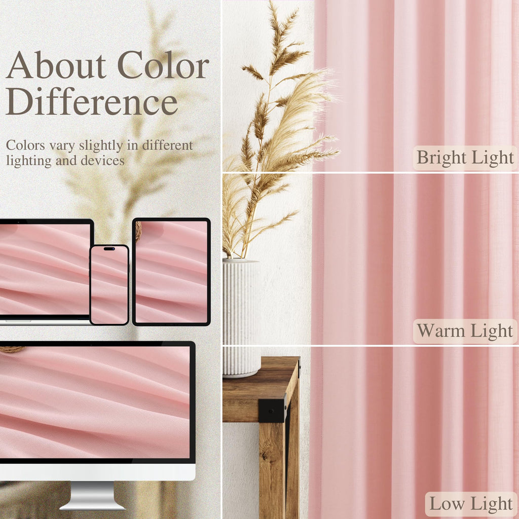 Pink Curtains 63 Inches Long 2 Panel Sets for Baby Girl Bedroom Light Filtering Linen Drapes for Kitchen Windows Rod Pocket Back Tab Short See Through Curtain Home Decor 52x63