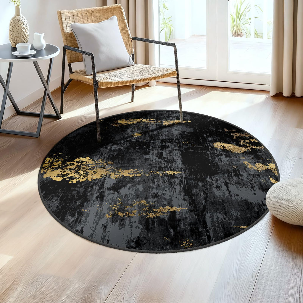 RELEANY Washable Round 4ft Area Rug for Living Room Black Gold
