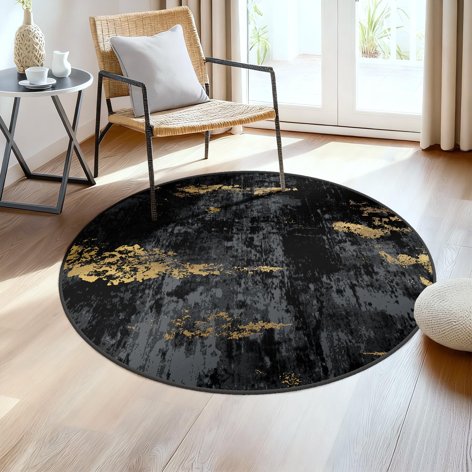 RELEANY Washable Round 4ft Area Rug for Living Room Black Gold