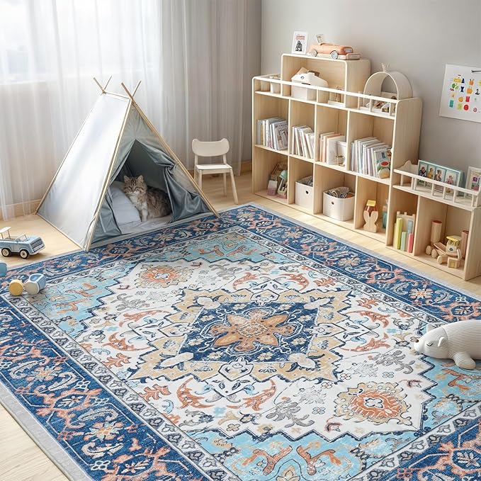 Lofus 9x12 Area Rugs for Living Room, Washable Area Rug, Rugs for Bedroom, Kitchen, Vintage Boho Carpet, Soft Non-Slip, Low Pile Large Area Rug for Office Dining Room, Floral Blue
