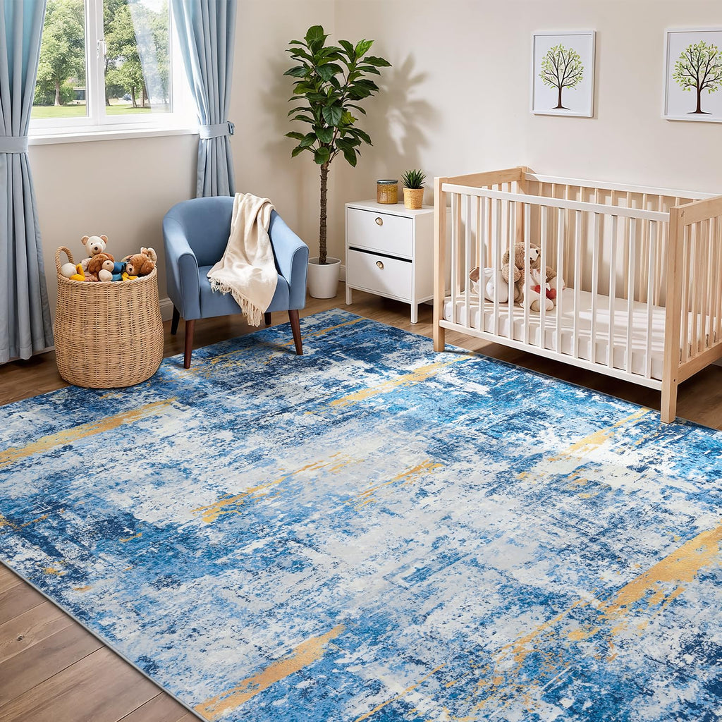 Rugflix 8x10 Area Rugs for Living Room, Washable Sky Blue Gold Large Rug