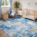 Rugflix 8x10 Area Rugs for Living Room, Washable Sky Blue Gold Large Rug