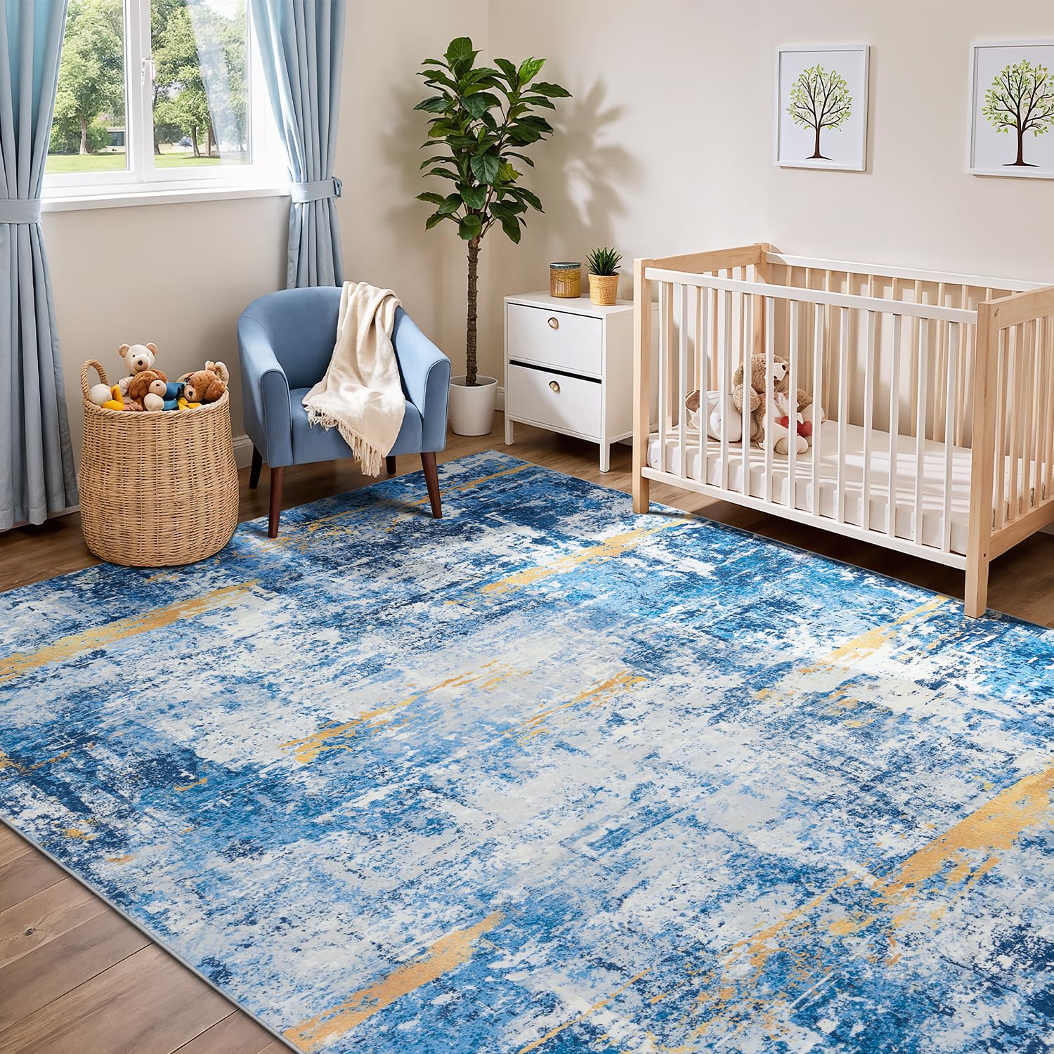 Rugflix 8x10 Area Rugs for Living Room, Washable Sky Blue Gold Large Rug