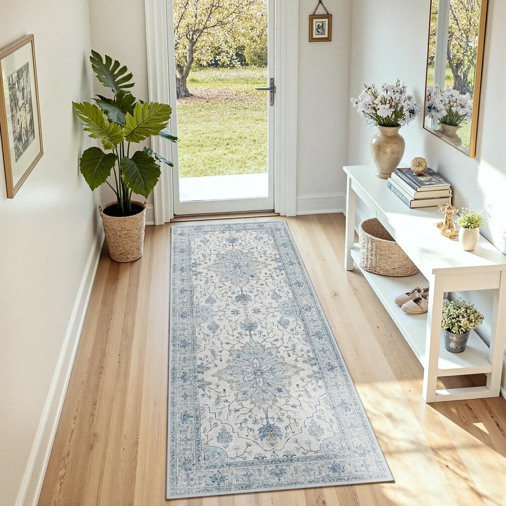 RELEANY Washable Area Rug, Runner 3'x7', Blue/White/Gray