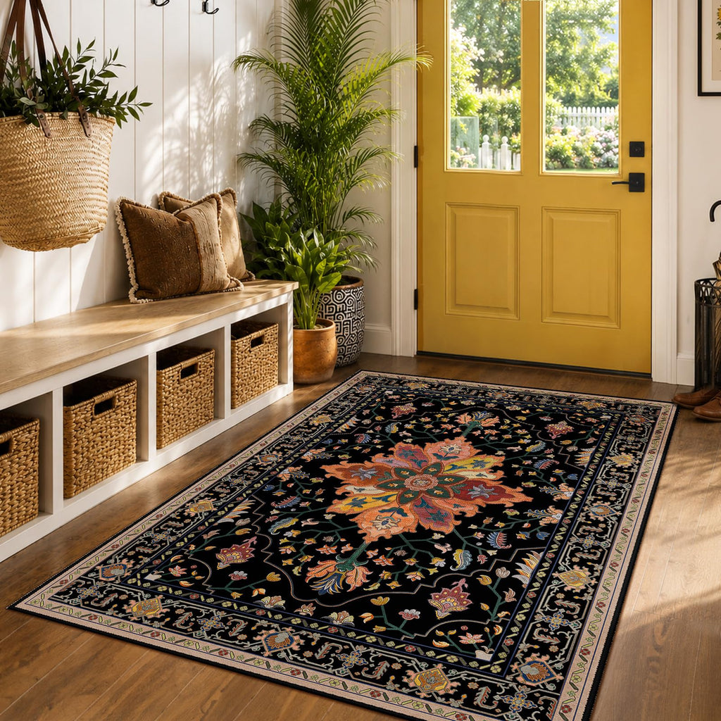 RELEANY Washable Area Rug, 5'x7', Black/Colorful