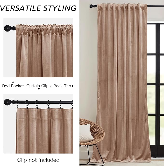 RYB HOME Blush Velvet Curtains 72 inches with Hook Belt, Back Tab