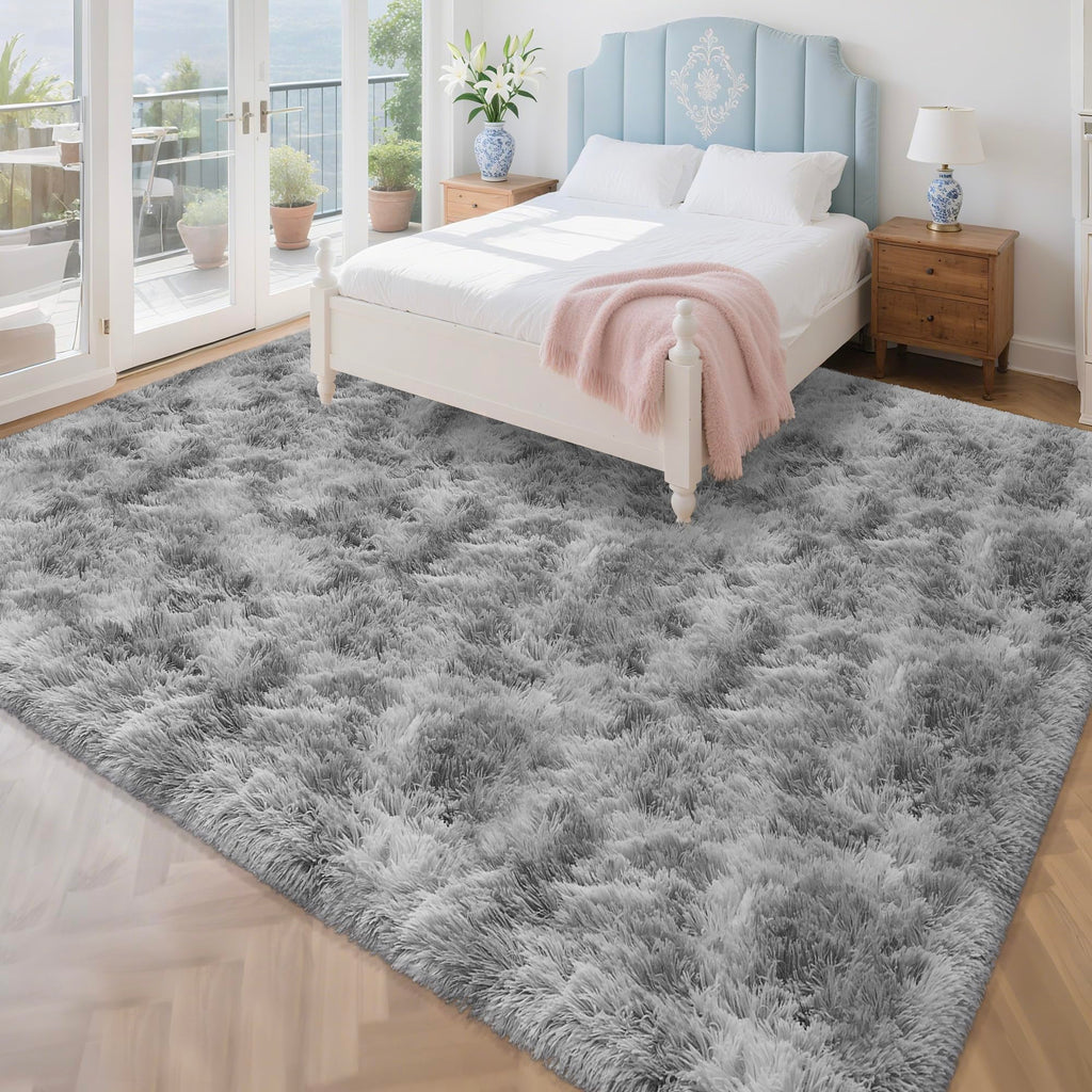 Large Area 8x10ft Carpet Tie-Dyed Grey Washable and Fluffy for Girls' Bedroom Bedside Rug