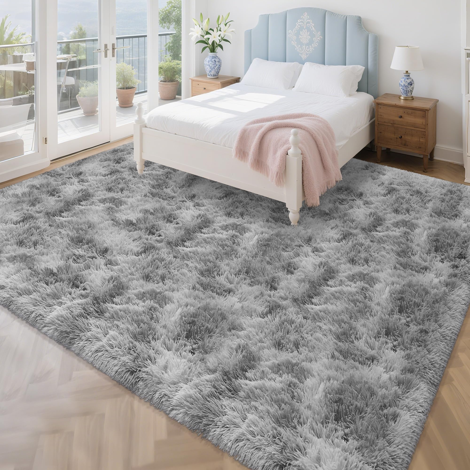 Large Area 8x10ft Carpet Tie-Dyed Grey Washable and Fluffy for Girls' Bedroom Bedside Rug