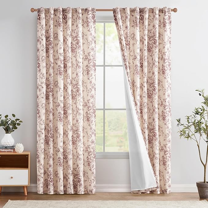 jinchan Lined Linen Blend Curtain Floral Curtains for Living Room 84 Inches Long Farmhouse Red Flower Printed Curtain Rod Pocket Back Tab Peony Patterned Drapes Curtains Set 2 Panels
