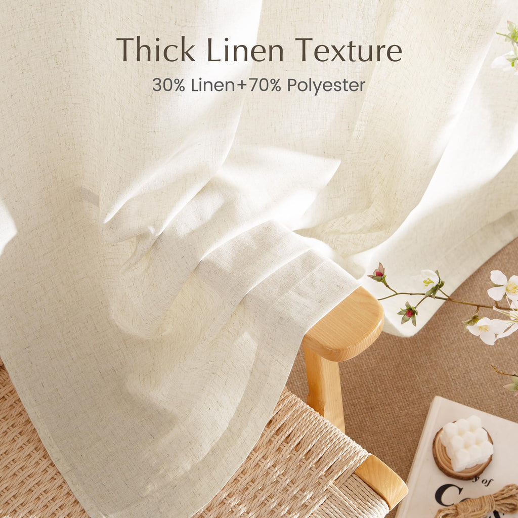 NICETOWN Thick Linen Blend Curtains Flax Textured for Bedroom, Rustic Grommet Semi Sheer Privacy Added Window Curtains & Drapes Light Filtering for Nursery, Natural, W34 x L63, Set of 2