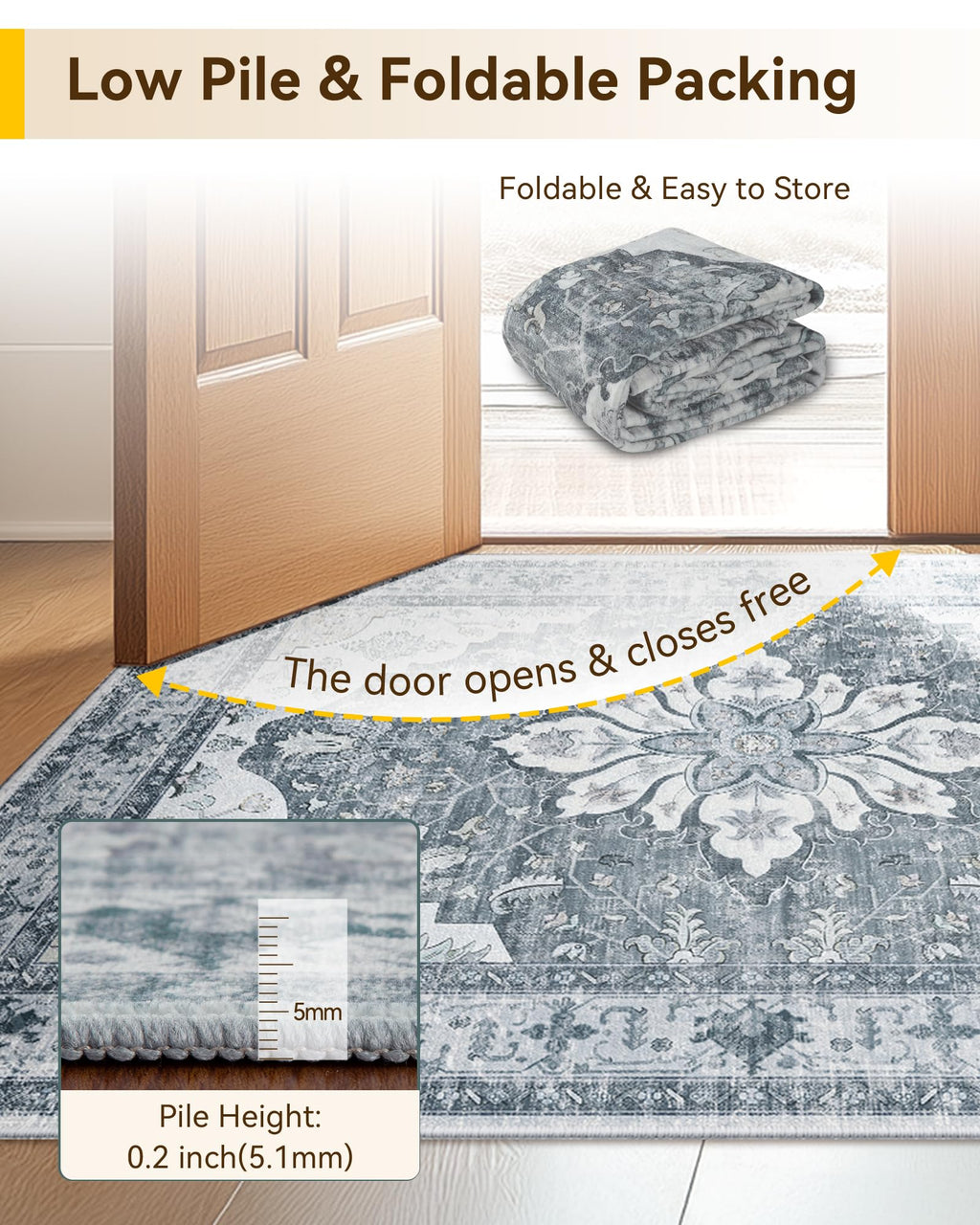 RELEANY Washable Area Rug, Runner 2'x8', Grey/White/Beige