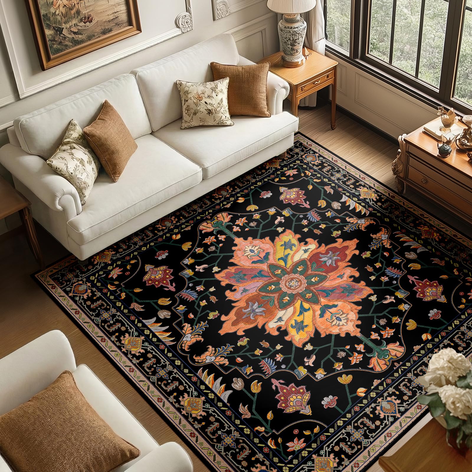 RELEANY Washable Area Rug, Square 6'x6', Black/Colorful