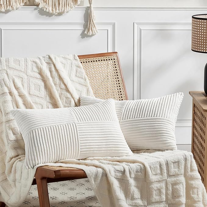 Fancy Homi 2 Packs Cream White Long Lumbar Decorative Throw Pillow Covers 12x24 Inch for Couch Bed Sofa, Rustic Farmhouse Boho Home Decor, Soft Striped Corduroy Rectangle Accent Cushion Case 30x60 cm