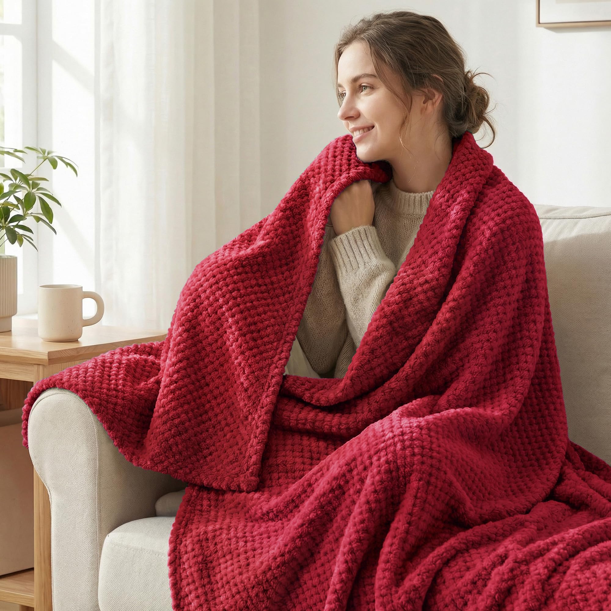 Exclusivo Mezcla Soft Waffle Fleece Bed Blanket King Size, Deep Red