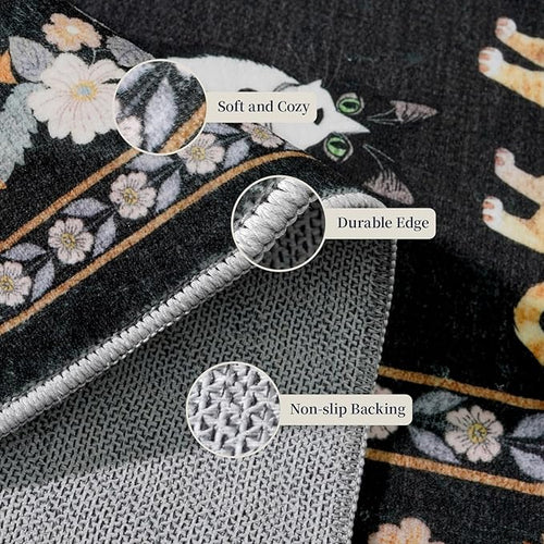 2x12 Washable Hallway Runner Rug: Long Floral Cat Print Soft Rug Black