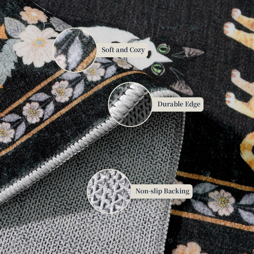 2x12 Washable Hallway Runner Rug: Long Floral Cat Print Soft Rug Black