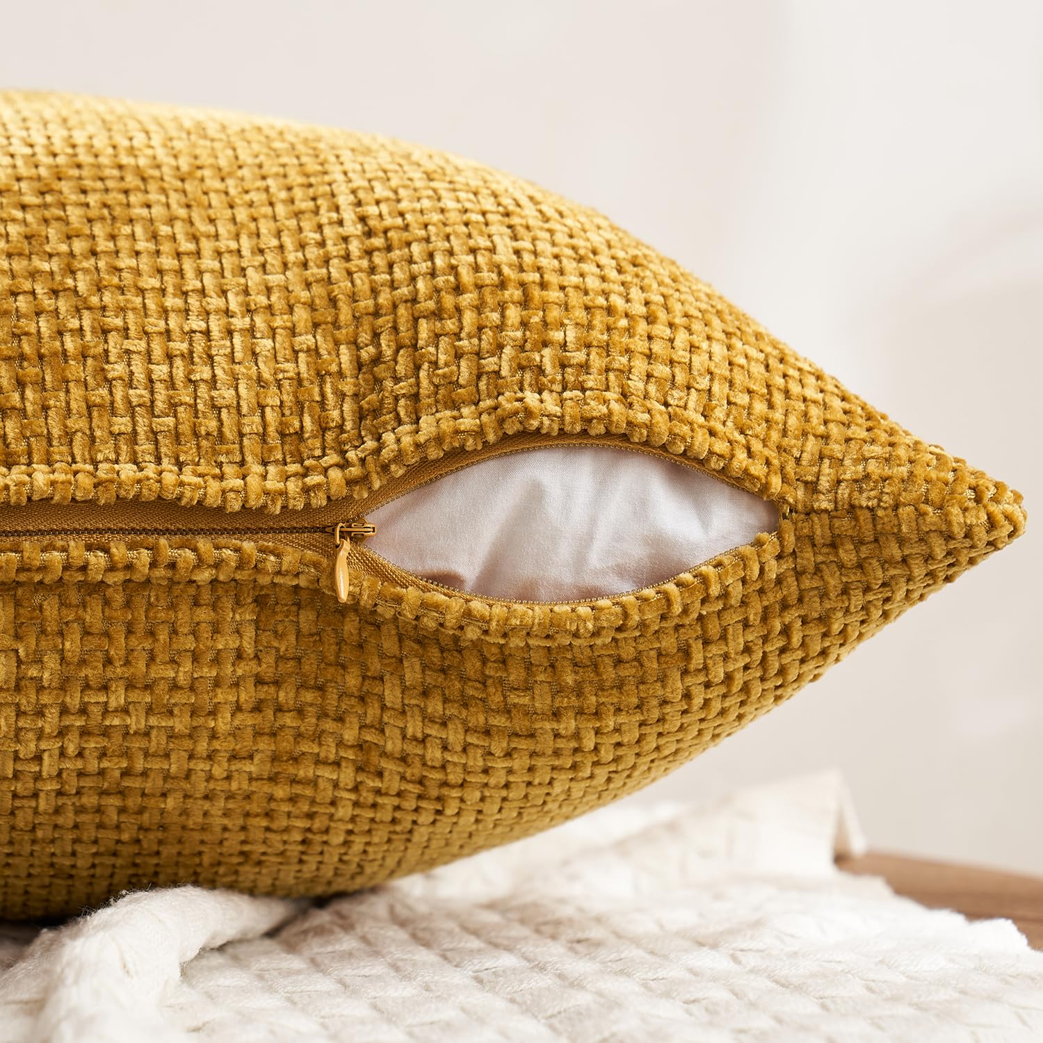 MIULEE Decorative Chenille Fall Pillow Covers Gold Brown 16x16 Pack of 4