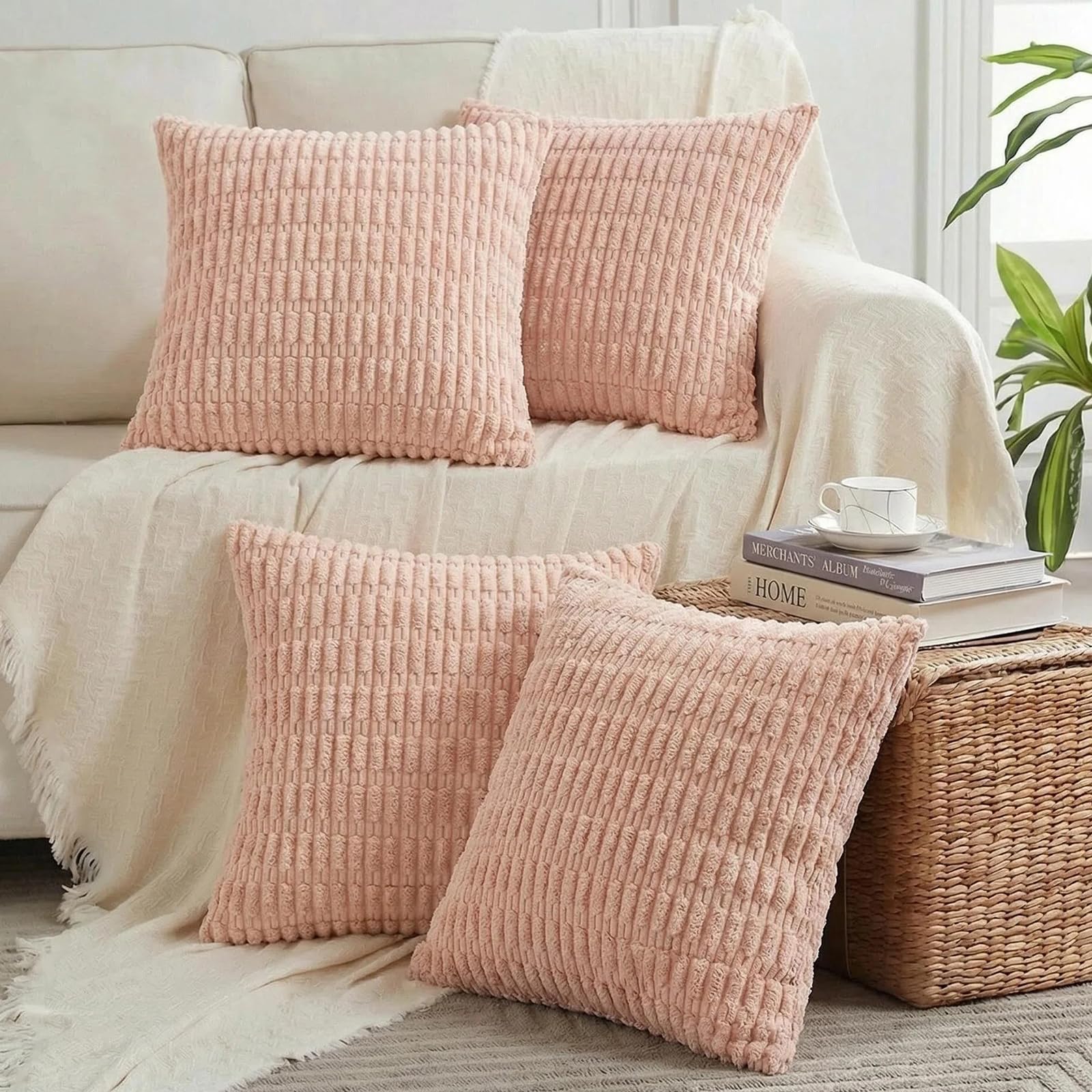 Fancy Homi 4 Packs Decorative Throw Pillow Covers for Living Room Couch Bed, Modern Farmhouse Boho Home Décor Accent Cushion Case, 18" x 18", Blush Pink