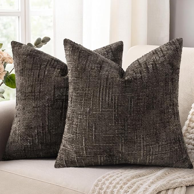 decorUhome Textured Chenille Throw Pillow Covers 26x26 Set of 2 Dark Brown