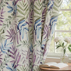 Yakamok Farmhouse Linen Curtains for Living Room 84 Inches Long,Texture Curtains Blue and Purple Grommet Leaves Plant Pattern Bedroom Curtain 2 Panels