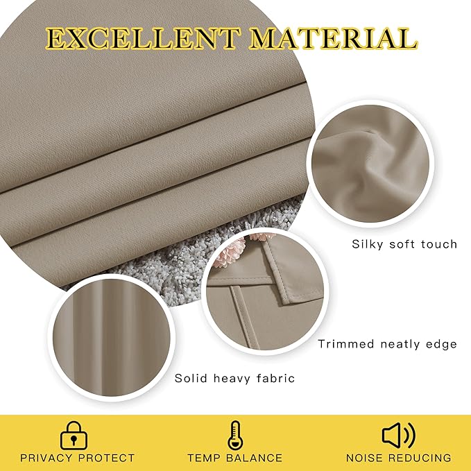 NICETOWN Blackout Taupe Curtains & Drapes 90 inches Long for Bedroom - Noise Reducing Thermal Insulated Grommet Room Darkening Window Treatments for Sliding Glass Door (2 Panels, 66 x 90 Inch)