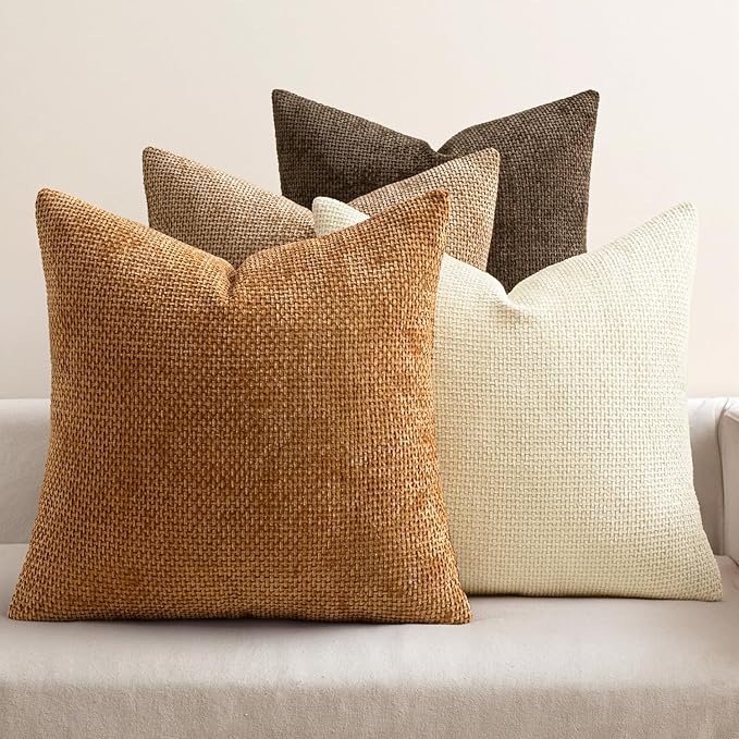 MIULEE Soft Decorative Chenille Fall Pillow Covers Brown 18x18 Pack of 4