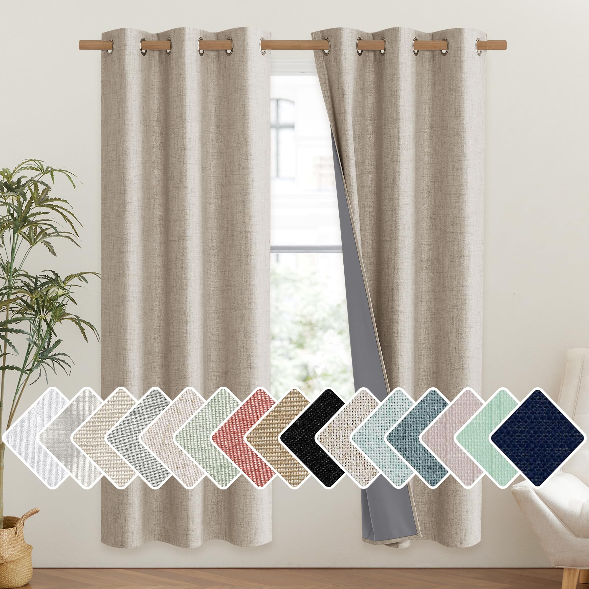 NICETOWN Oatmeal Vintage Open Linen Weave Flax Thermal Curtains, 100% Blackout Curtains 72" Long for Dining Room, Soundproof Window Treatment Drapes for Gym Room, 42" Wide Per Panel, Set of 2